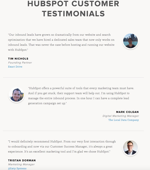HubSpot的客戶評價頁麵突出顯示了客戶積極正麵的評價，給新的潛在客戶灌輸對HubSpot的信任。