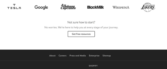 　Shopify首頁上客戶logos的展示建立了社會認同與信任